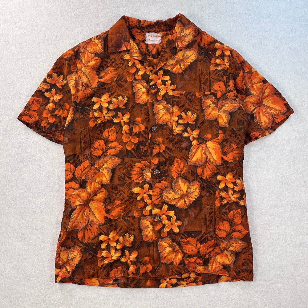 Vintage 60s Royal Hawaiian Mens Cotton Orange Floral Aloha Shirt Loop Collar